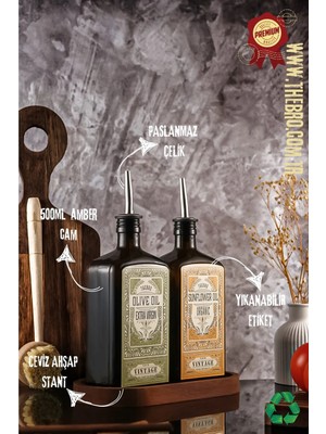 St. Morritz 500ML Ahşap Stantlı New Premium Zeytinyağı ve Ayçiçek Yağı Şişesi Yeşil Sarı