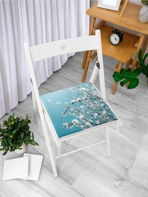 Rem Home Rengirenk Dekoratif Sandalye Minderi Beyaz Çiçekli 40 x 40 cm Mutfak Balkon Oturma Minderi