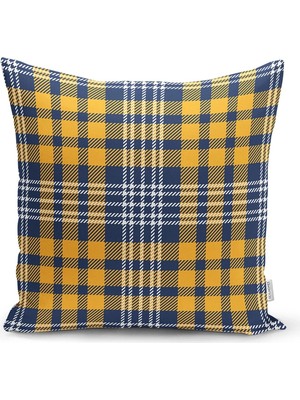 Rem Home Rengirenk Dekoratif Kırlent Kılıfı Lacivert Ekose 43 x 43 cm Salon Koltuk Kanepe Yastık Kılıfı
