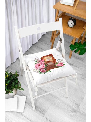 Rem Home Rengirenk Dekoratif Sandalye Minderi Beyaz Modern Bağcıklı 40 x 40 cm Mutfak Balkon Oturma Minderi