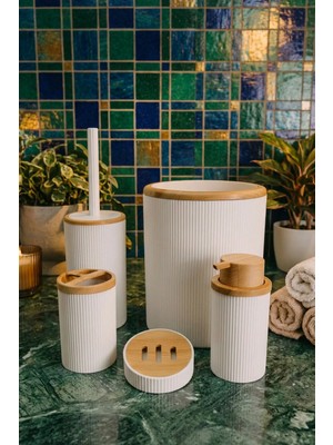 St. Morritz Beyaz Bambu Desenli 5 Parça Banyo Seti, Şık Tasarımlı, Hacim: 6 Litre