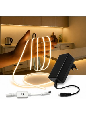 Ledarmy COB LED Şerit 5m 12V Soğuk Beyaz 6500K Işık 320LED/m 8mm IP20 Adaptör ve Dokunmatik Tuş Dahil Yapışkanlı Aydınlatma Hortumu