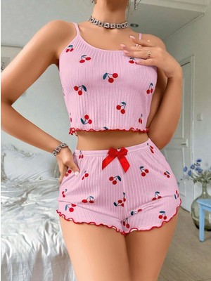 Beru Kadın Pembe Kiraz Desenli Askılı Şortlu Pijama Takım 6656 Beru Najmaddin