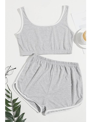 Beru Kadın Gri Askılı Crop Top ve Şortlu Gecelik Takım Beru Najmaddin