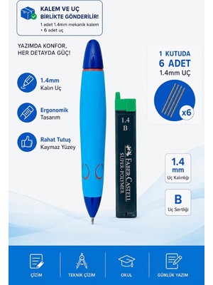 Graf Von Faber-Castell Faber-Castell Okul Versatili Mekanik Kalem, 1.4mm Uç, Ergonomik Tasarım, Kaymaz Yüzey, 6'lı Yedek Uç