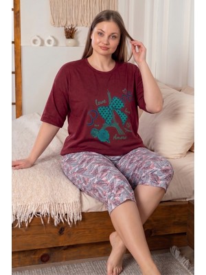 Farya Home Büyük Beden Pamuklu Desenli Kısa Kollu Bermuda Kapri Pijama Takımı