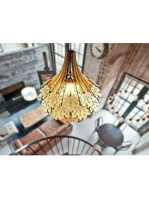 St. Morritz Çınar Yağrağı Modern Tasarım Globe Küre Doğal Ahşap Mdf 3D Lazer Kesim Rustik Salon Avize