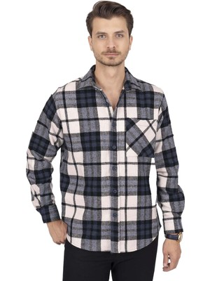 Etikmen Lacivert Beyaz Geçiş Oversize Oduncu Hediye Kutulu Erkek Gömlek Xxl