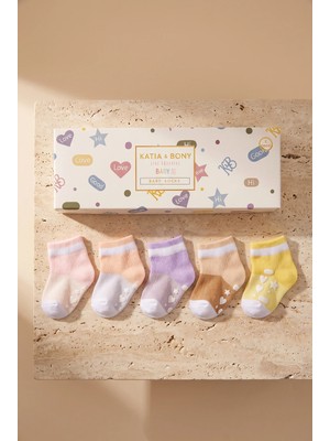 Bony Socks Bebek Şerit Desenli Tabanı Kalp Baskılı 5'li Kutulu Soket Çorap Pembe Mix