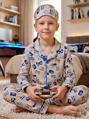 Enie Erkek Çocuk Pamuklu Oyun Konsolu Desenli Uzun Kollu Pijama Takımı + Göz Bandı