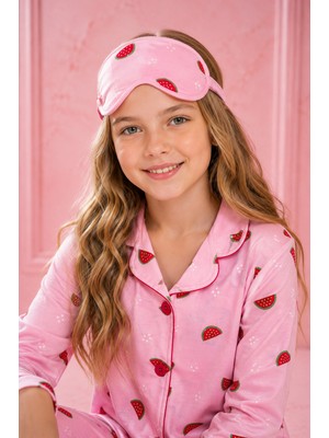 Enie Kız Çocuk Pamuklu Karpuz Desenli Uzun Kollu Pijama Takımı + Göz Bandı