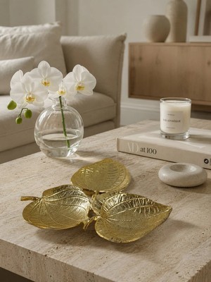 Onedekor 3'lü Yaprak Tabak Gold Dekoratif Obje