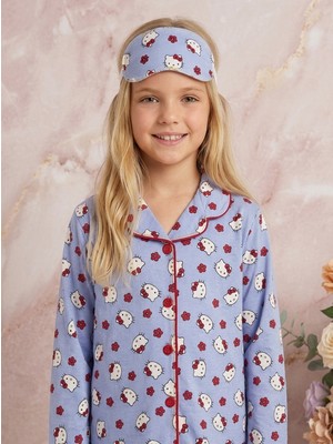Enie Kız Çocuk Pamuklu Hello Kitty Desenli Uzun Kollu Pijama Takımı + Göz Bandı