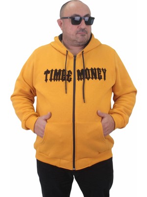 Moc Grande Mocgrande Fermuarlı Kapuşonlu Büyük Beden Sweat Time Money 23218 Hardal
