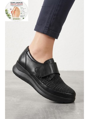 Shoemix Kadın Siyah Cırt Cırtlı Örgü Desen Rahat Taban Günlük Ayakkabı Üst Kemik Destekli Örgü  -1043-01