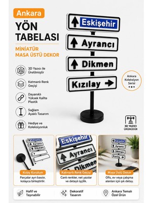 Ognami Ankara Yön Tabelası Mini Masaüstü Dekor | 3D Baskı Şehir Tabelası