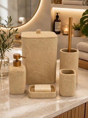 Onedekor 5 Parça Lüx Laduree Stonea Krem Gold Banyo Seti