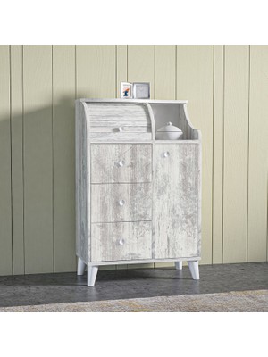 Moli Movemo 3 Kapaklı Tek Çekmeceli 2 Raflı Ahşap Beyaz Eskitme 98.5 x 70.5 x 33 cm Çiftli Ekmeklik Dolabı