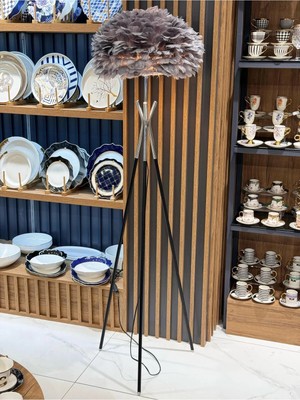 Onedekor Gerçek Kuş Tüyü Tripod Lambader Gümüş Gri