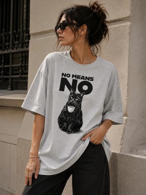 Enb1r Moda Kadın Oversize Tişört Kedi Baskılı No Means No Siyah Grafik Baskılı Bisiklet Yaka Günlük T-Shirt