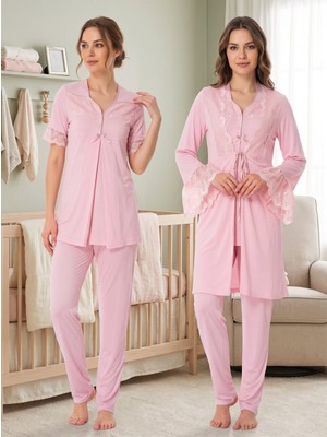 <lohussa Yeni Sezon Pembe Dantel Detaylı Düğmeli Tasarım Kısa Kol %100 Pamuk Hamile Lohusa Sabahlık Pijama Takımı 3'lü Set Renk