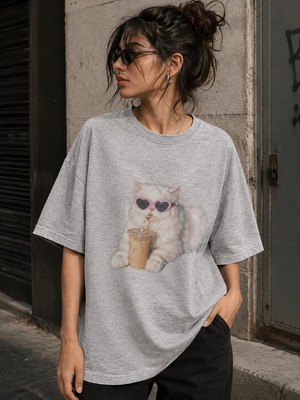 Enb1r Moda Kadın Oversize Tişört Kedi Baskılı Kahve Içen Kedi Desenli Bisiklet Yaka Kısa Kollu Günlük Sokak Stili T-Shirt