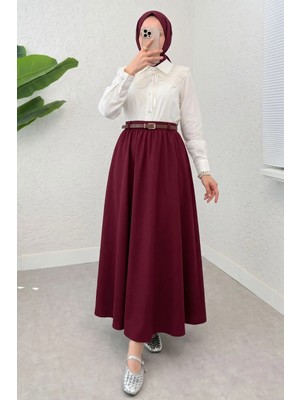 Modestim Kadın Kemerli Soft Büzgülü Bel Lastikli Bordo Tesettür Uzun Etek