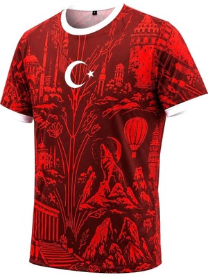 AyrStore Awe Türkiye FORMA,%100 Polyester, Kısa Kollu, Yuvarlak Yaka, Ay Yıldız ve Istanbul Desenli Tara