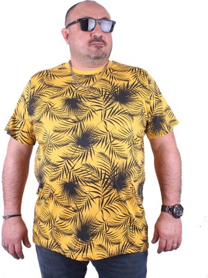 Moc Grande Mocgrande Büyük Beden Sıfır Yaka Tişört Palm Leaf 23148 Sarı
