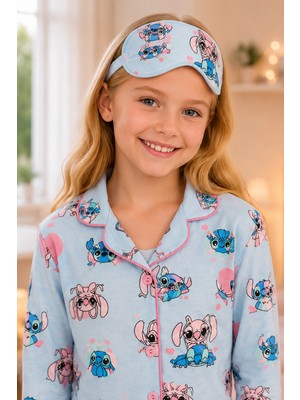 Enie Kız Çocuk Mavi Stitch Desenli Uzun Kollu Pijama Takımı + Göz Bandı