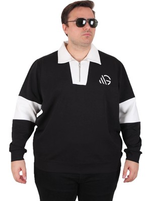 Moc Grande Mocgrande Büyük Beden Polo Yaka Fermuarlı Sweat Double Face 25709 Sıyah