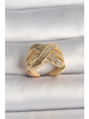 Uravas Store Pirinç Gold Renk Ayarlanabilir Zirkon Taşlı x Model Kadın Yüzük - TJ-BYK3601