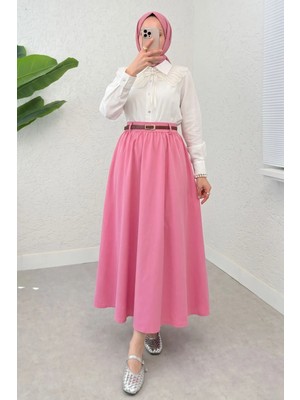 Modestim Kadın Kemerli Soft Büzgülü Bel Lastikli Pembe Tesettür Uzun Etek
