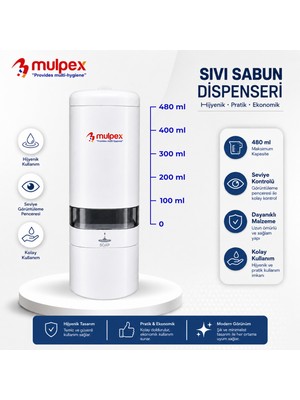 Mulpex 480 ml Beyaz Duvara Monte Sıvı Sabun Dispenseri | Premium Kalite Abs Gövde, Anahtarlı, Şık ve Güvenli