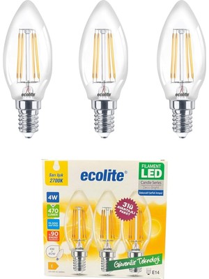 Ecolite 4W LED Filament Mum Ampul, E14 Duy, 2700K Sarı Işık, 470 Lümen, Şeffaf Cam, Akkor Gör�