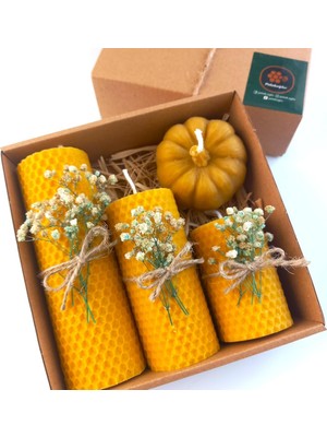 AyrStore Petekoğlu Balmumu Mum Dekoratif Hediye Kutusu 4 Lü Set Doğal Petek Beeswax Candle Bal Kabağı (K