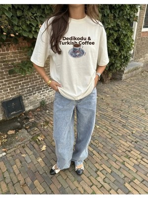 BarsDepo Turkish Coffee Baskılı Bisiklet Yaka Oversize Trend Kadın T-Shirt