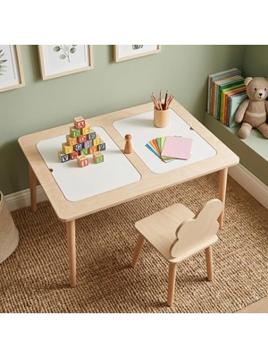 AyrStore Rozitoys Montessori Ahşap Aktivite Masası Seti – Sandalyeli, 2 Saklama Bölmeli, Kapaklı Yüzey