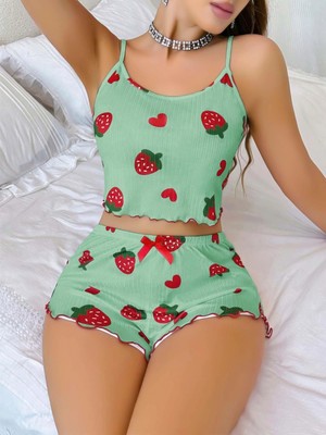 Hace Bazaar Kadın Yeşil Çilek Desenli Şortlu Pijama Takımı 5060