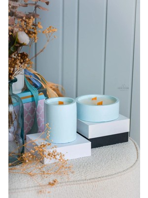 Ersu Store 2li Mavi Renk Soya Wax Amber Vanilya Kokulu Dekoratif Hediyelik 2li Beton Saksı