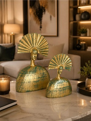 Ersu Store Arıa Modern Gold Yeşil Eskitme Dekoratif Biblo Seti – Lüks Salon, Tv Ünitesi ve Konsol Dekoru 2’li Heykel Obje