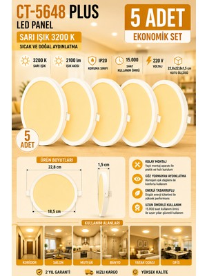 Yenilig 5 Adet CT-5648 Plus 20W LED Panel – 22,8 cm Yuvarlak Sıva Altı Tavan Aydınlatma