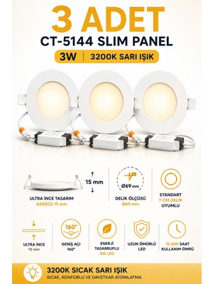 Yenilig 3 Adet CT-5144 3W Slim LED Panel – Ultra Ince 15 mm – Ø69 mm 7 cm Delik Uyumlu