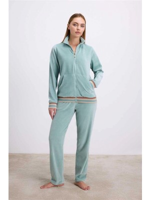 Hace Bazaar Kadife Dokulu Uzun Kollu Sweatshirt ve Pantolon Takımı