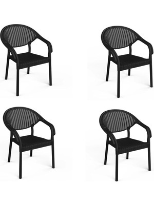4 Adet Bambu Plastik Rattan Bahçe Balkon Teras Sandalyesi Gizli Metal Profil Ayaklı Kollu Sandalye