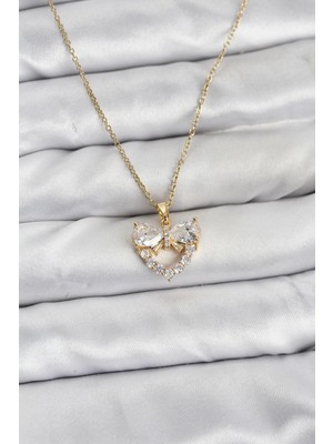 Hace Bazaar 316L Çelik Zincir Gold Renk Kalp ve Fiyonk Model Zirkon Taşlı Kadın Kolye - TJ-BKO10848