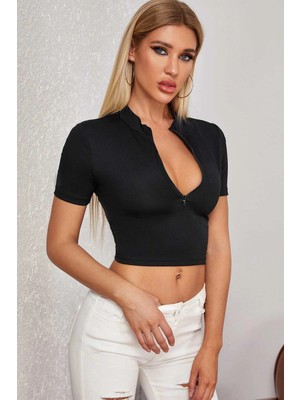 Hace Bazaar Kadın Siyah Yarım Fermuarlı ve Kısa Kollu Crop Top Bluz
