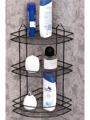 Silikon Kaplı Paslanmaz Çelik Siyah Banyo Köşesi 3 Kat Şampuanlık 21X21X52CM Metal Banyo Raf S