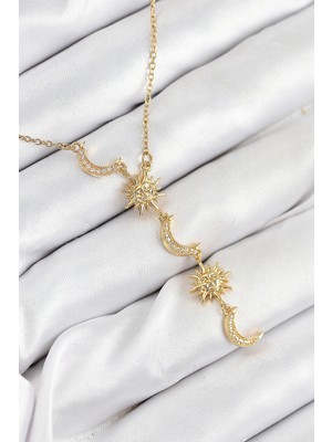 TKÇ Kadın Kolye Çelik Zirkon Taşlı Güneş ve Ay Model Gold Renk