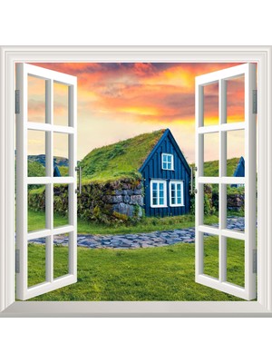 Kazan Hobi Pencere Poster Duvar Kağıdı Çim Evler Izlanda Yapışkanlı Sticker